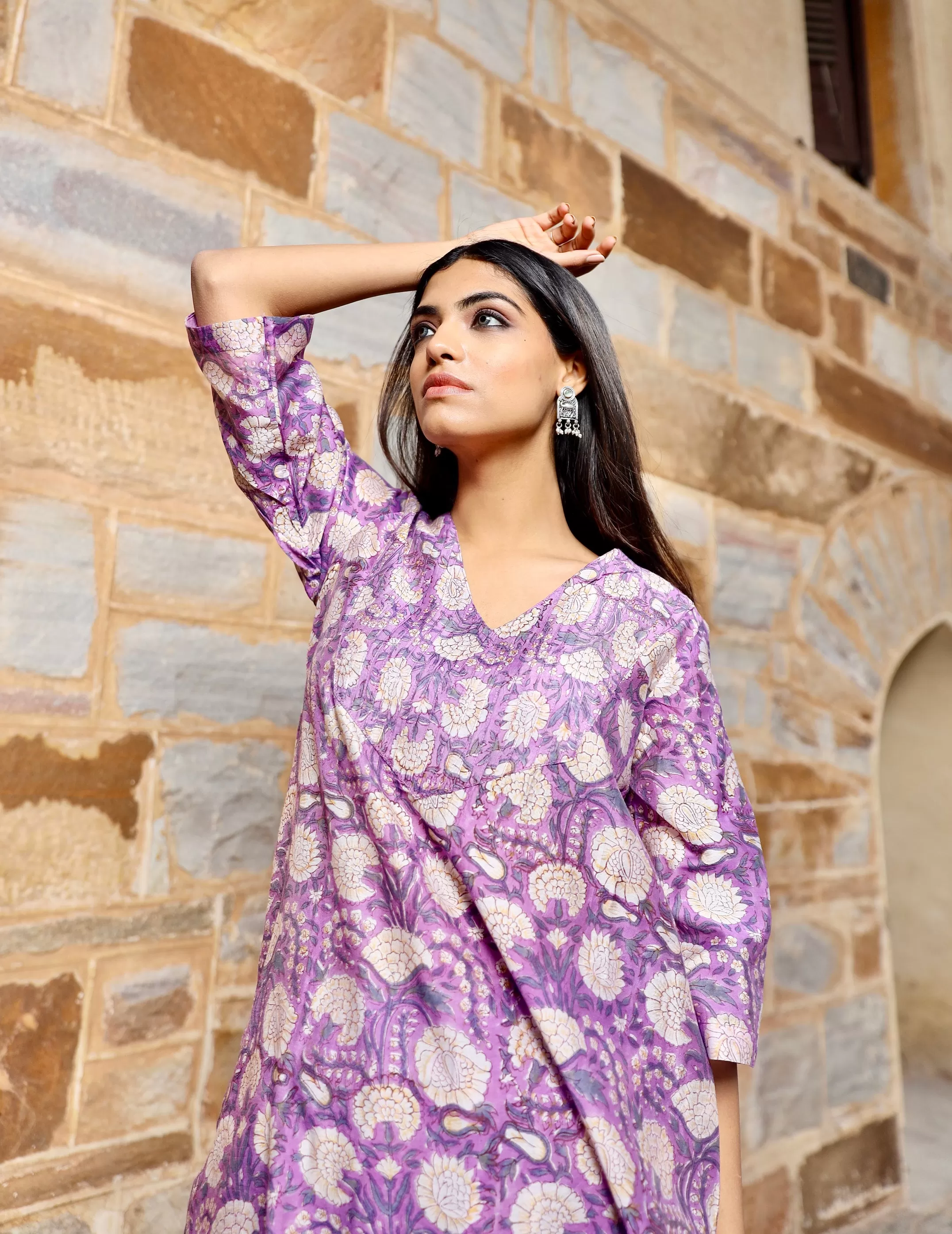 Purple flower print handblock chanderi kurta pant set