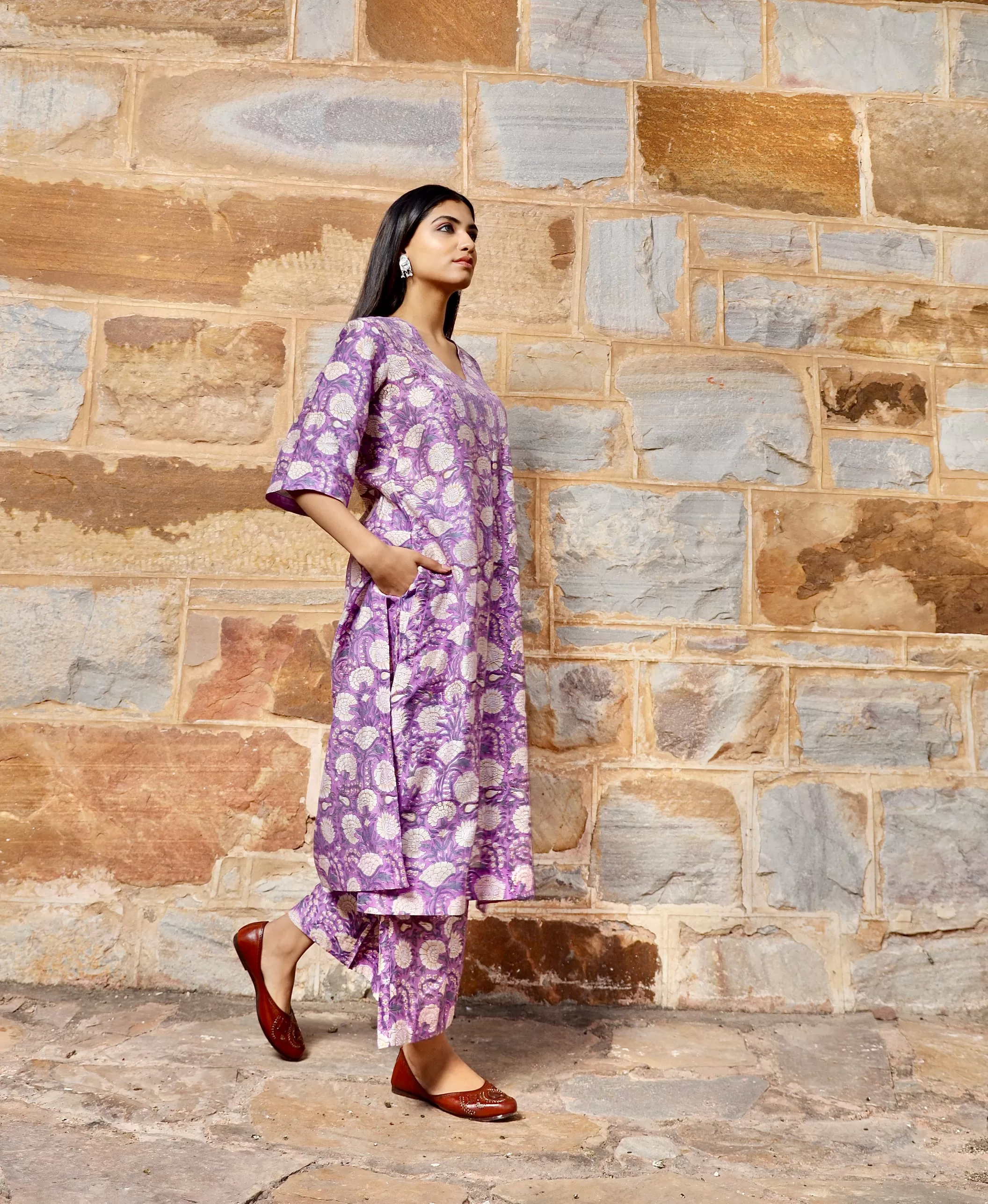 Purple flower print handblock chanderi kurta pant set