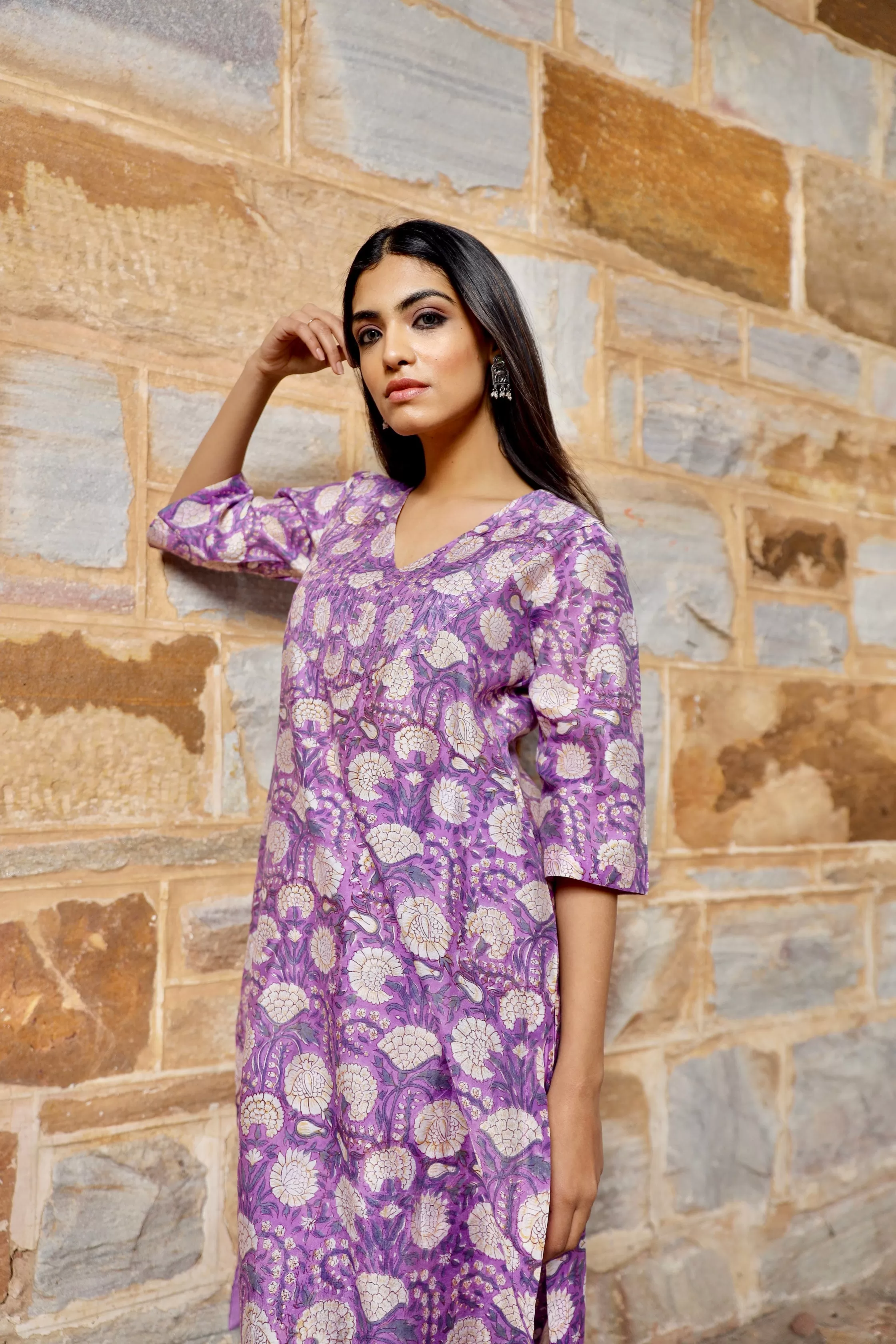 Purple flower print handblock chanderi kurta pant set