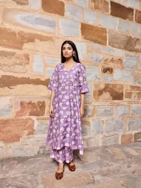 Purple flower print handblock chanderi kurta pant set