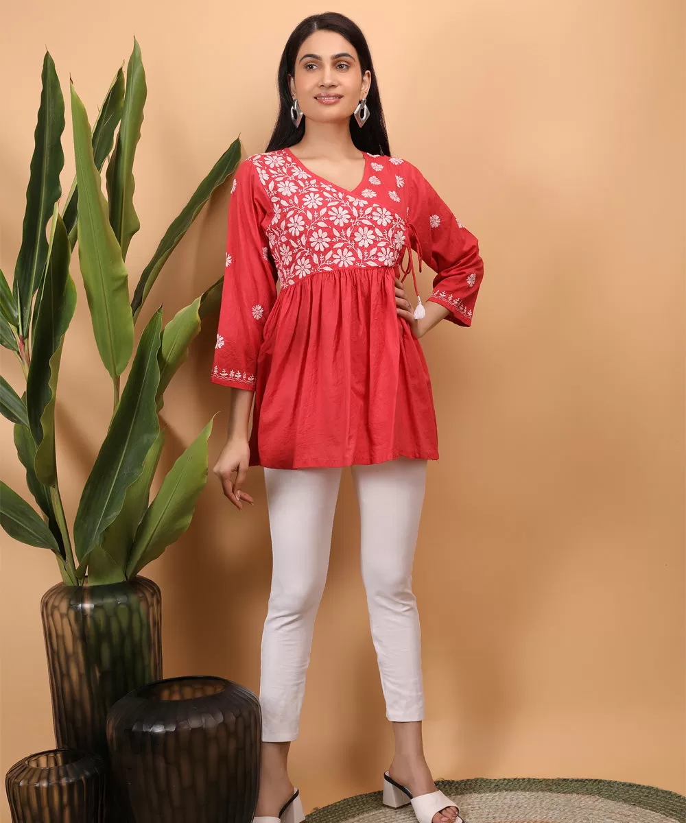 Red hand embroidery cotton chikankari angrakha top