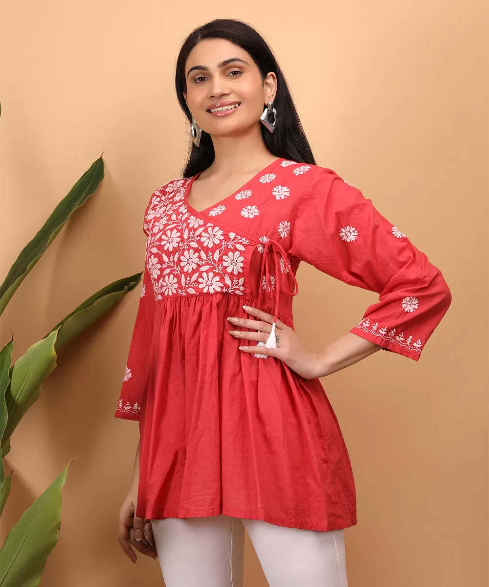 Red hand embroidery cotton chikankari angrakha top