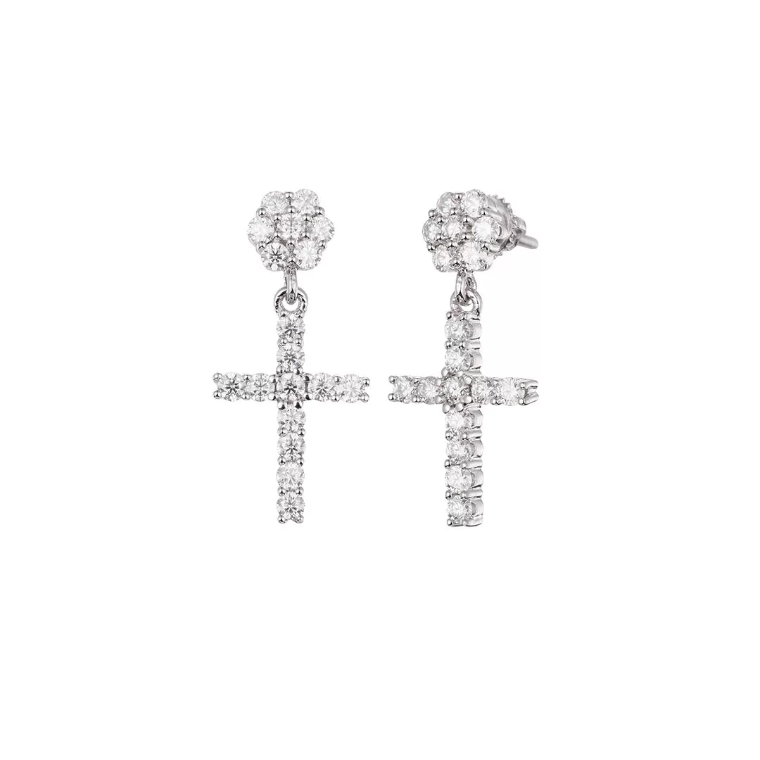 S925 Silver Moissanite Flower Cluster Stud Cross Earring