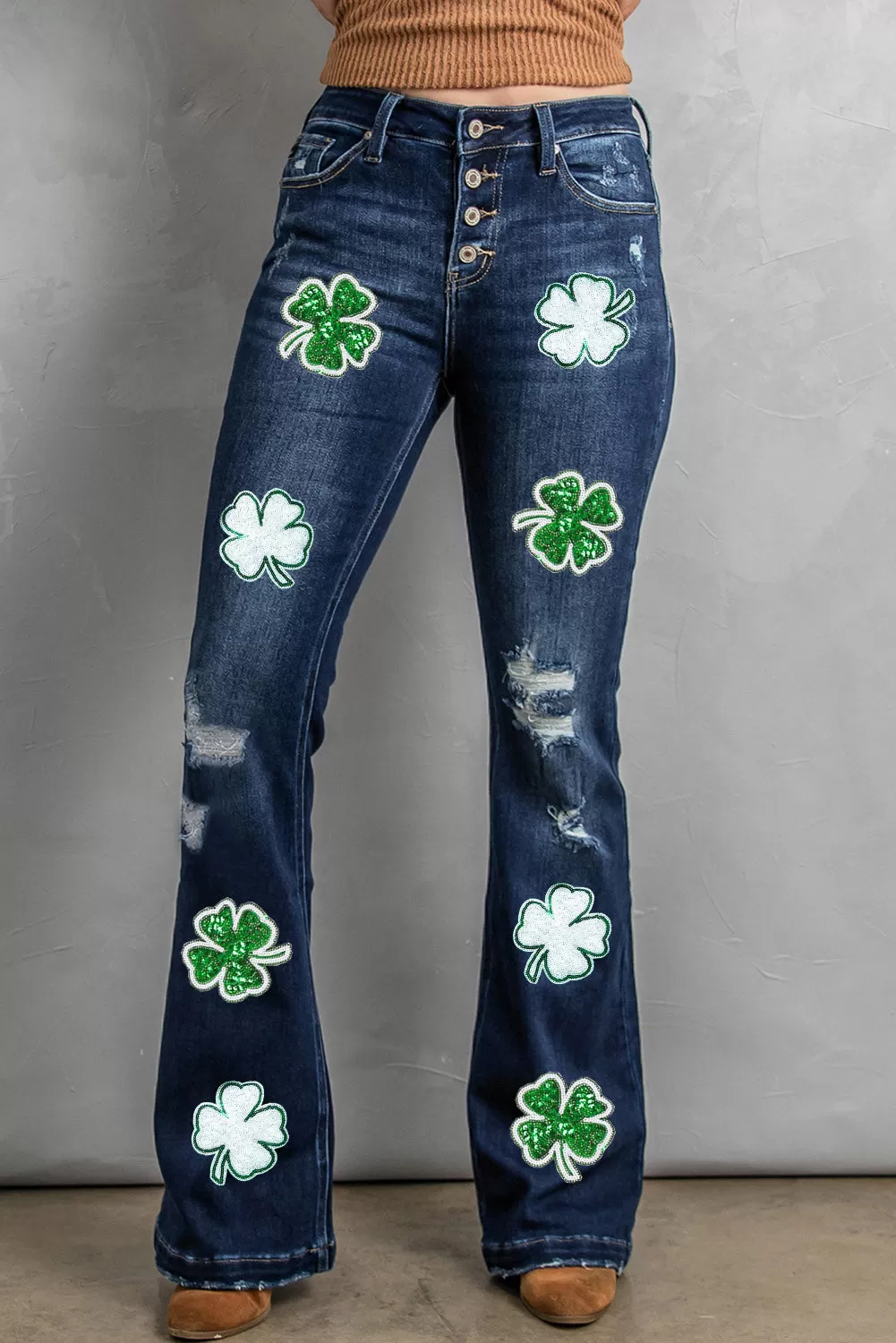 St. Patricks Clover Sequin Patched Frayed Flare Jeans