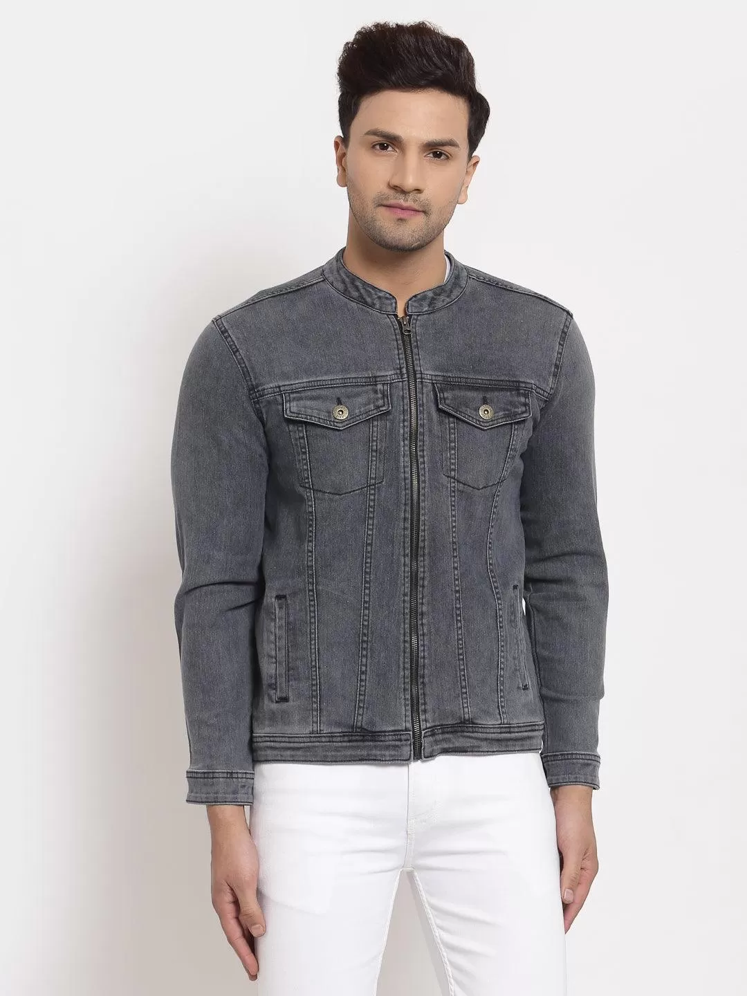 Style Quotient Men Grey Washed Crop Denim Jacket