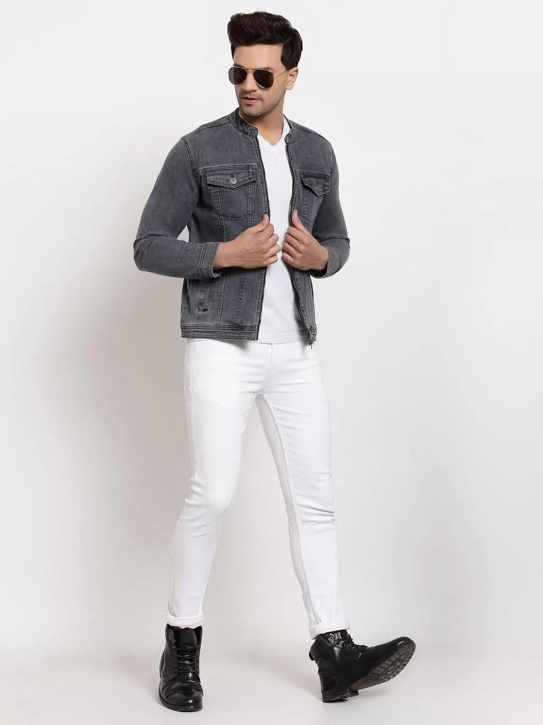 Style Quotient Men Grey Washed Crop Denim Jacket