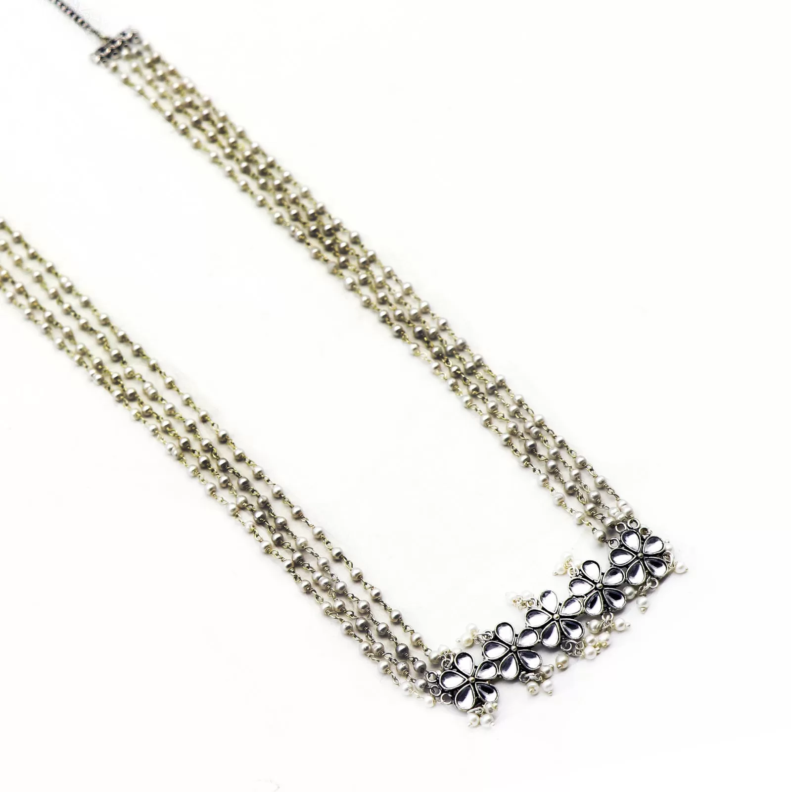 Teejh Blush Polki Silver Oxidized Pearl Long Necklace