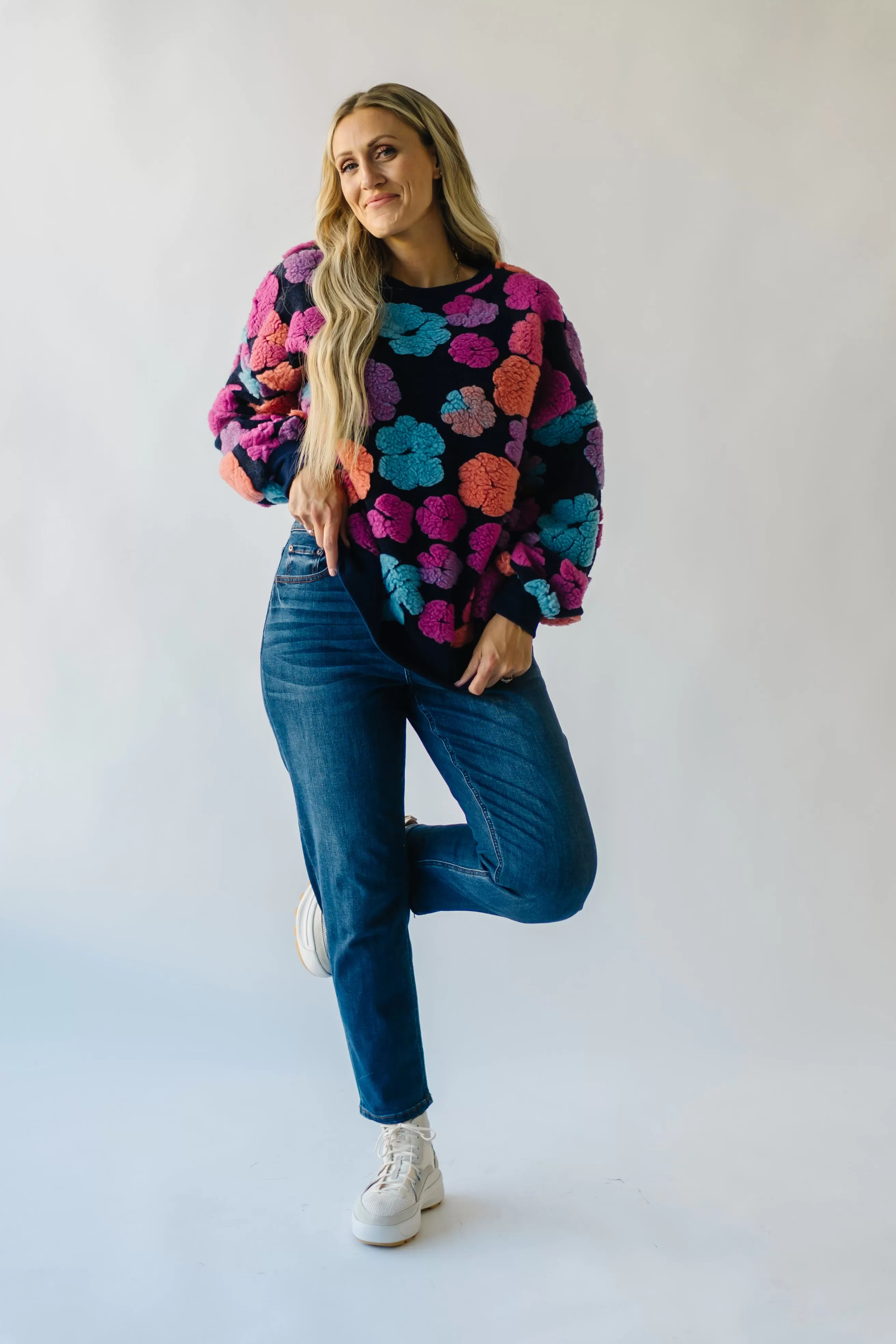 The Flanagan Sherpa Flower Detail Sweater in Navy   Fuchsia