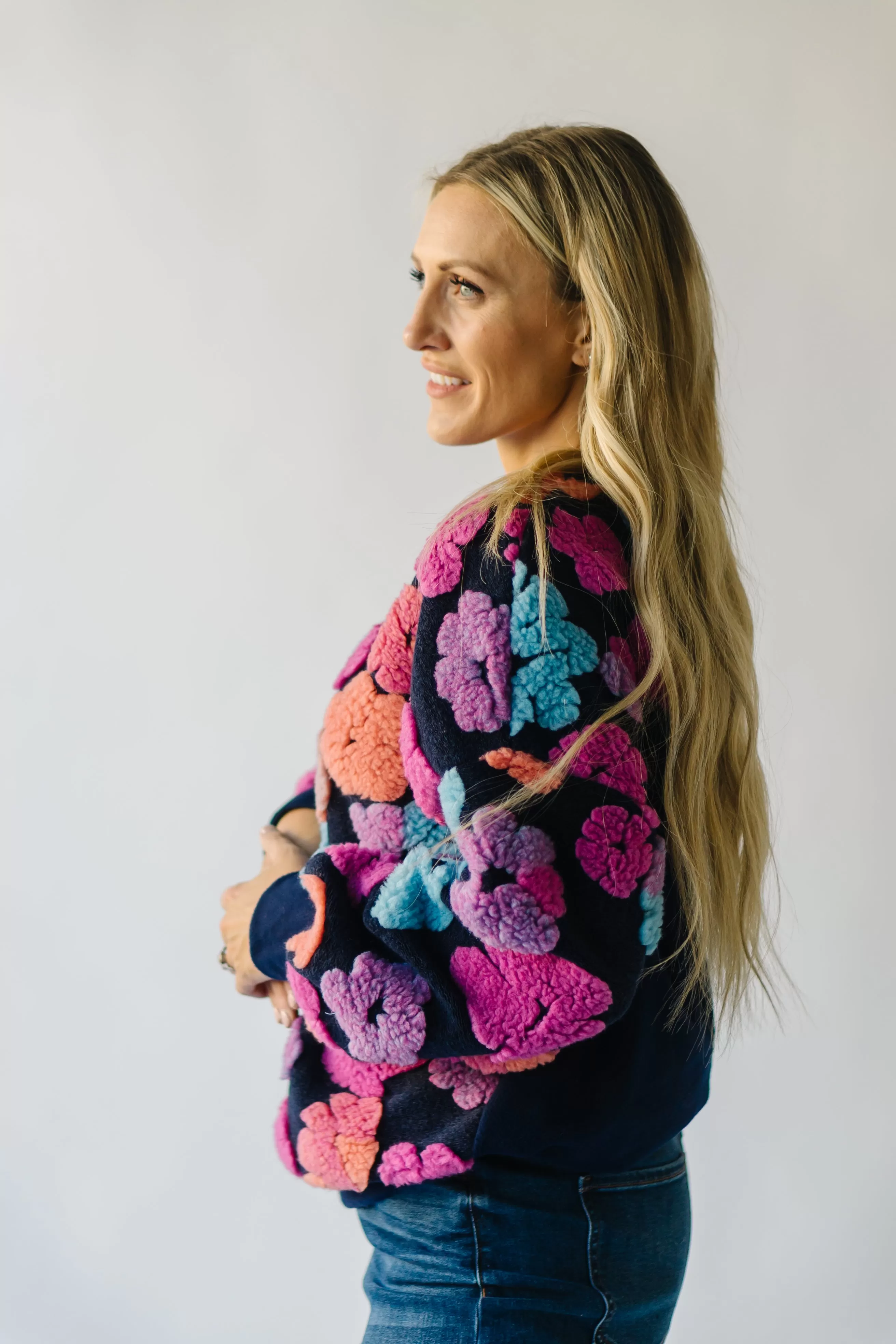 The Flanagan Sherpa Flower Detail Sweater in Navy   Fuchsia