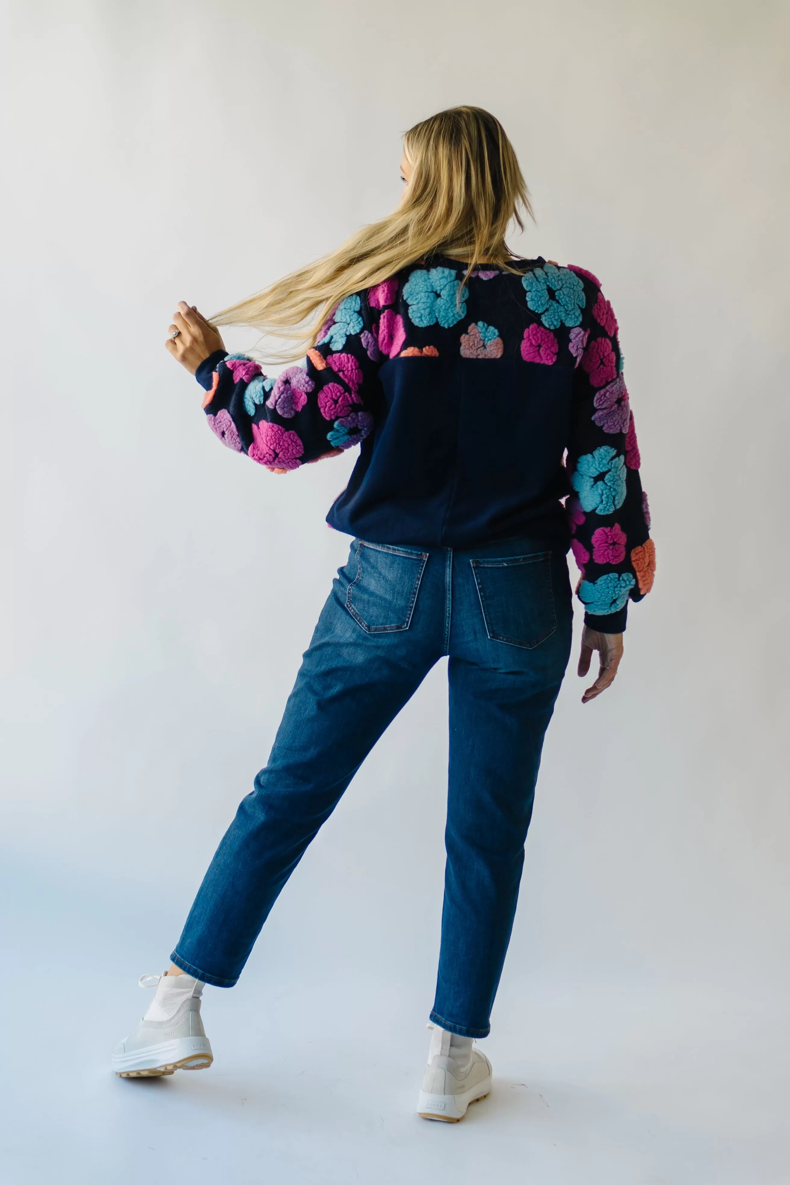 The Flanagan Sherpa Flower Detail Sweater in Navy   Fuchsia