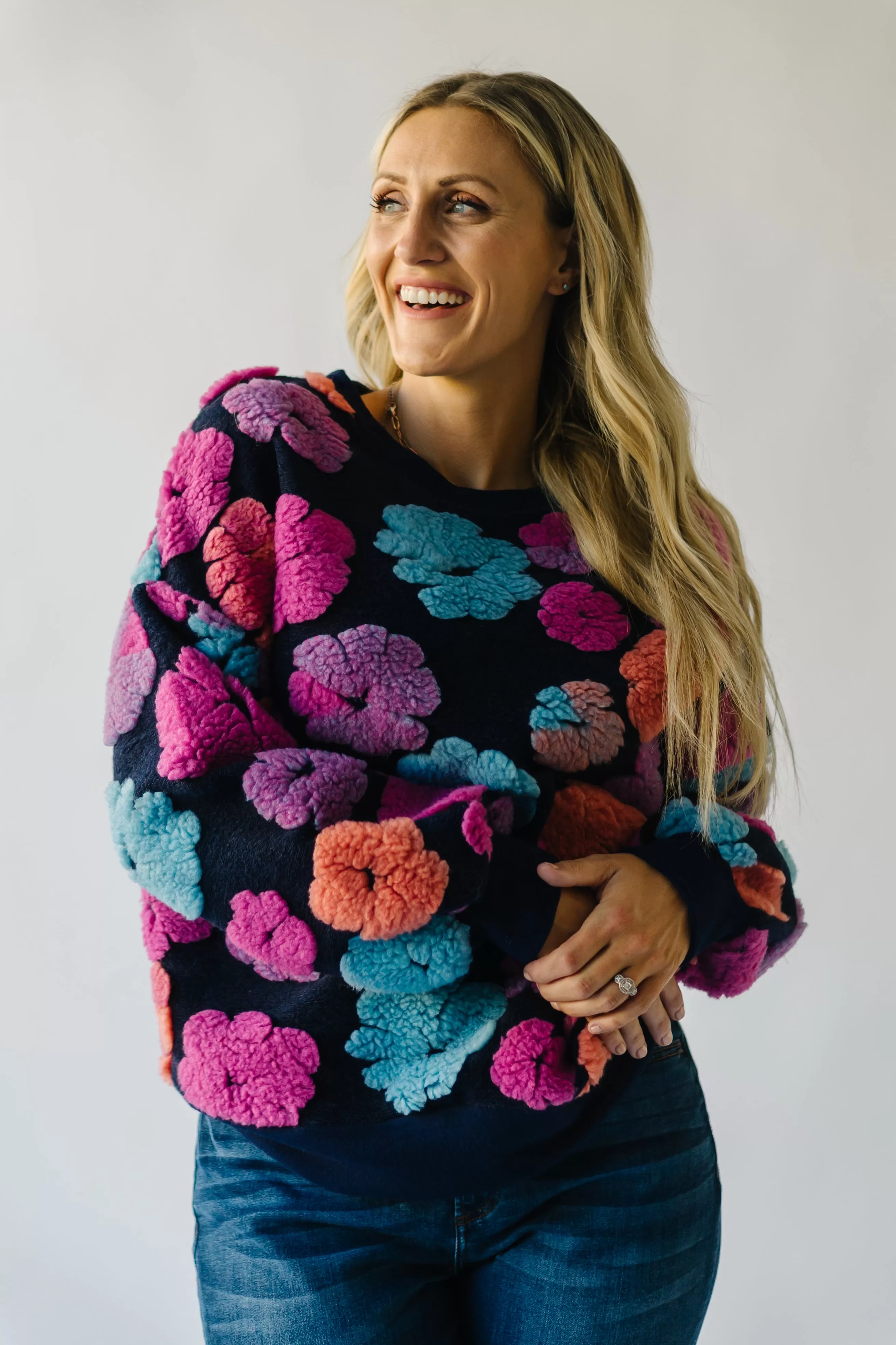 The Flanagan Sherpa Flower Detail Sweater in Navy   Fuchsia