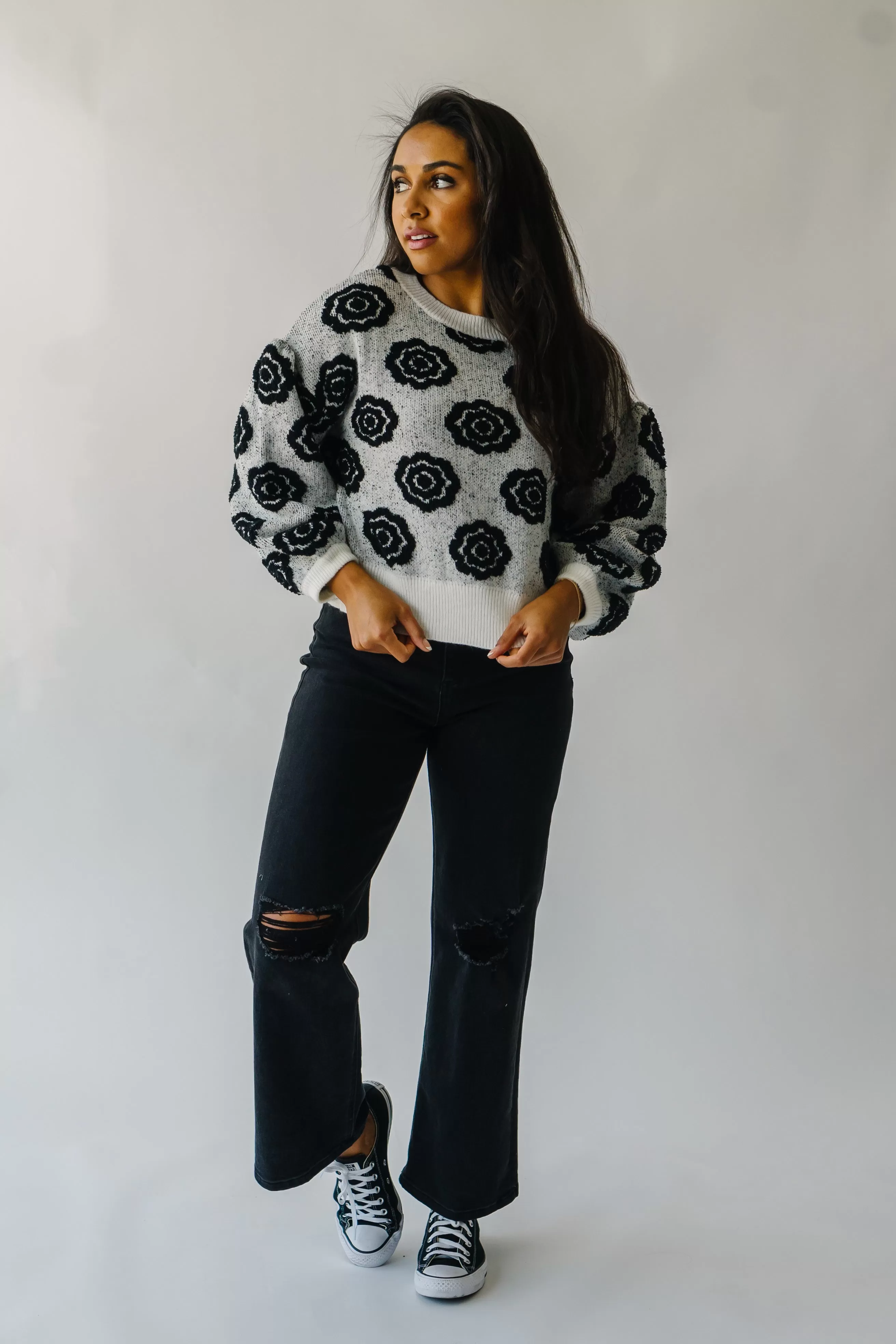 The Remsen Flower Patterned Sweater in White   Black