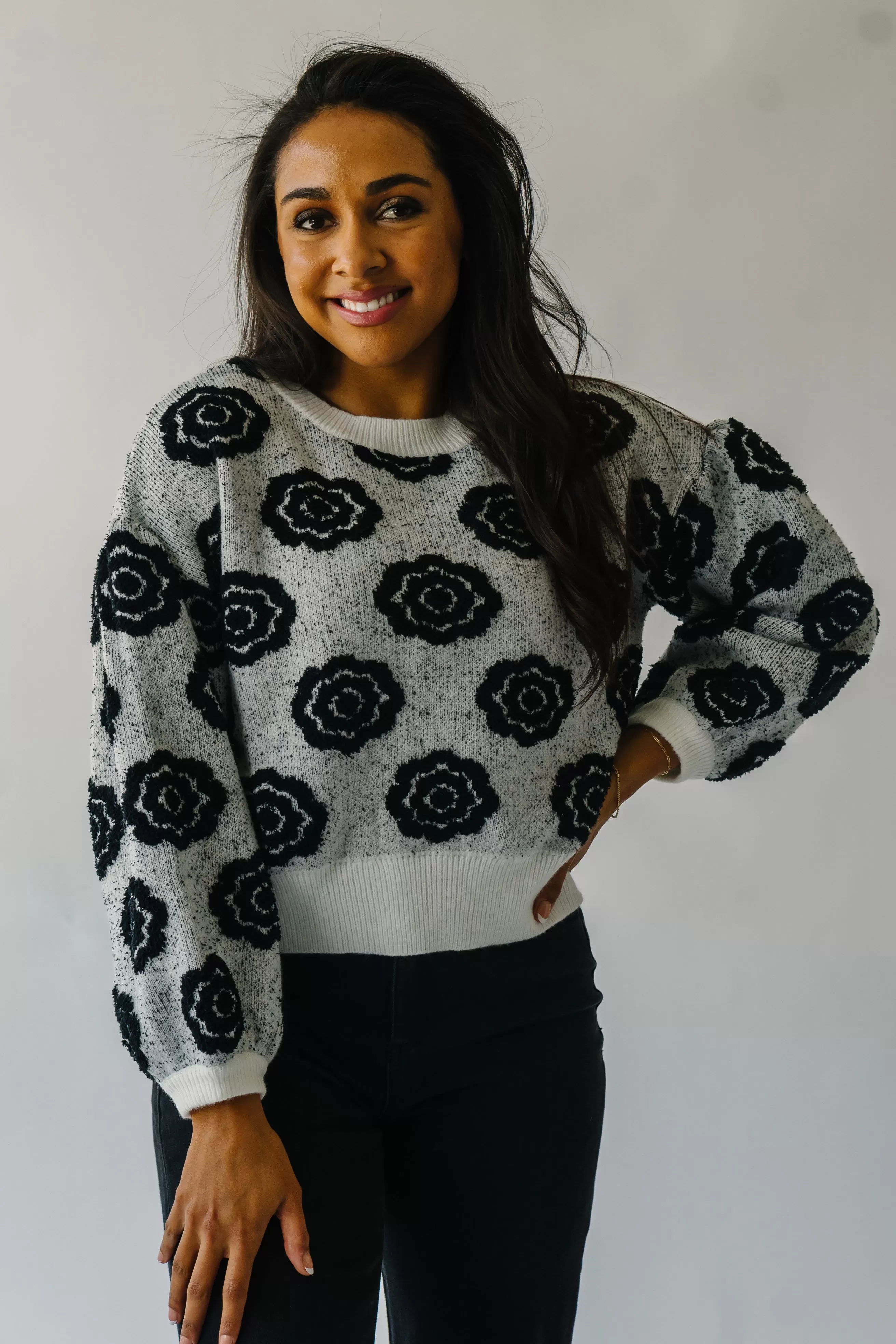 The Remsen Flower Patterned Sweater in White   Black