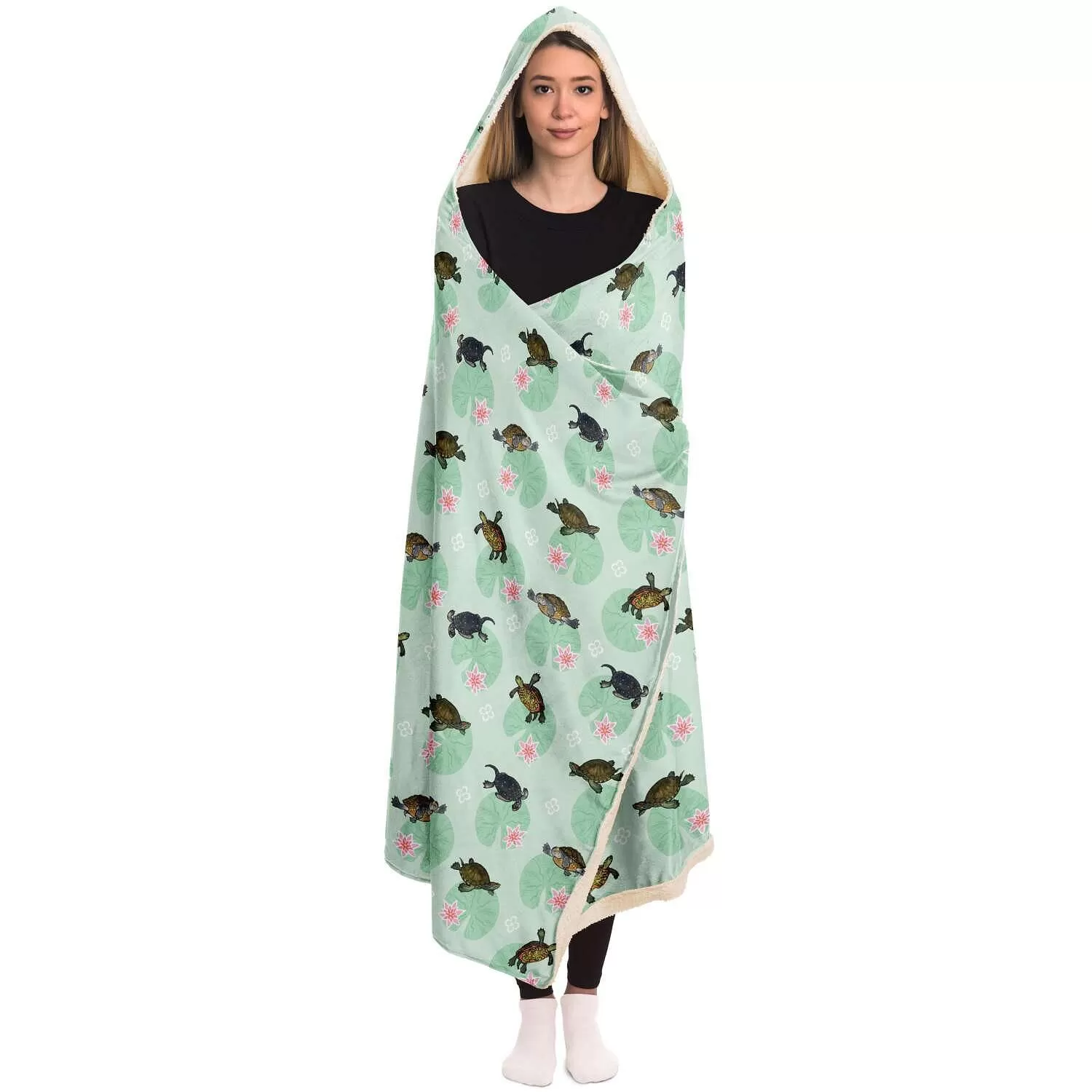 Turtle with Lilly Pads Hooded Blanket, Cute Reptile Throw