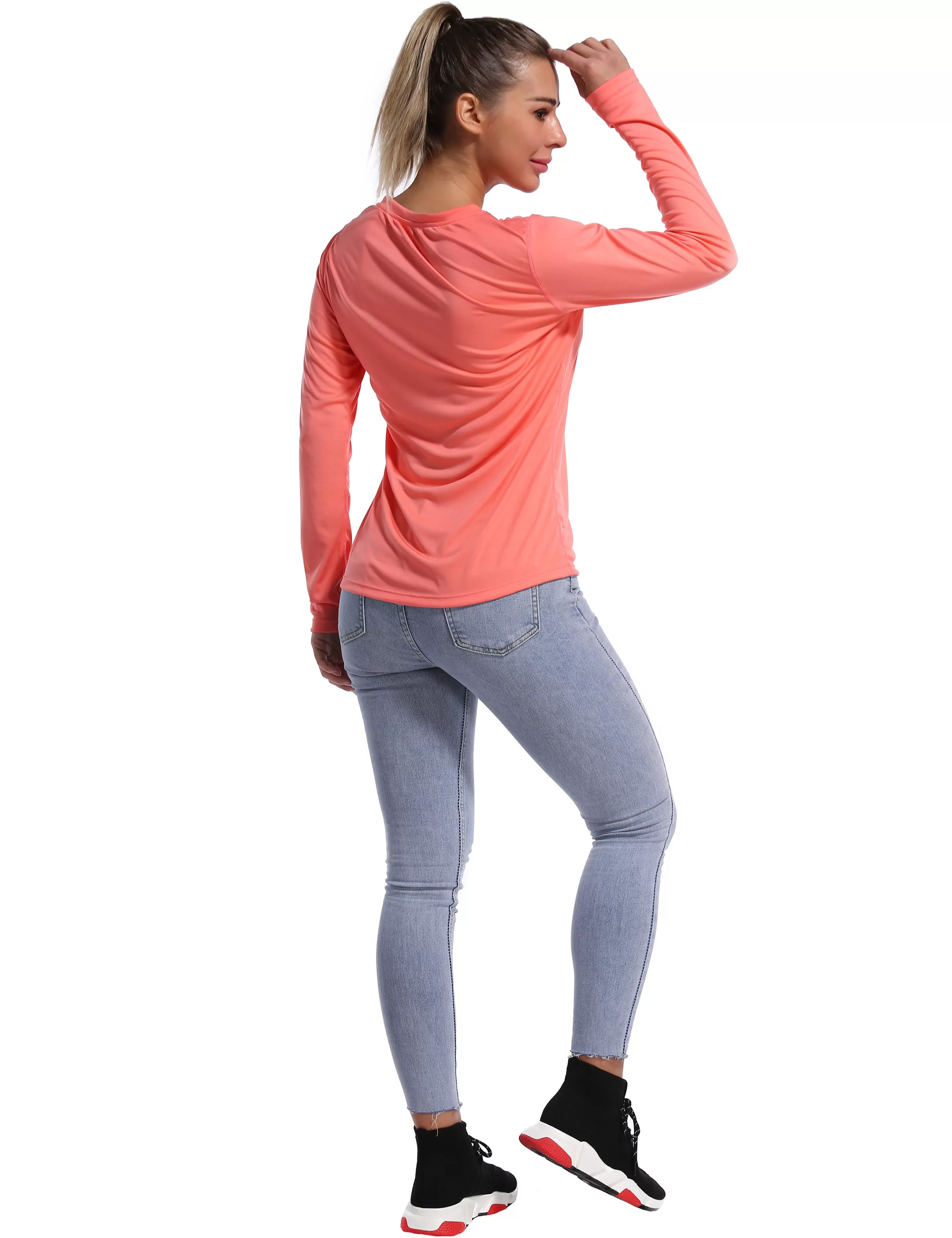 V Neck Long Sleeve Athletic Shirts coral