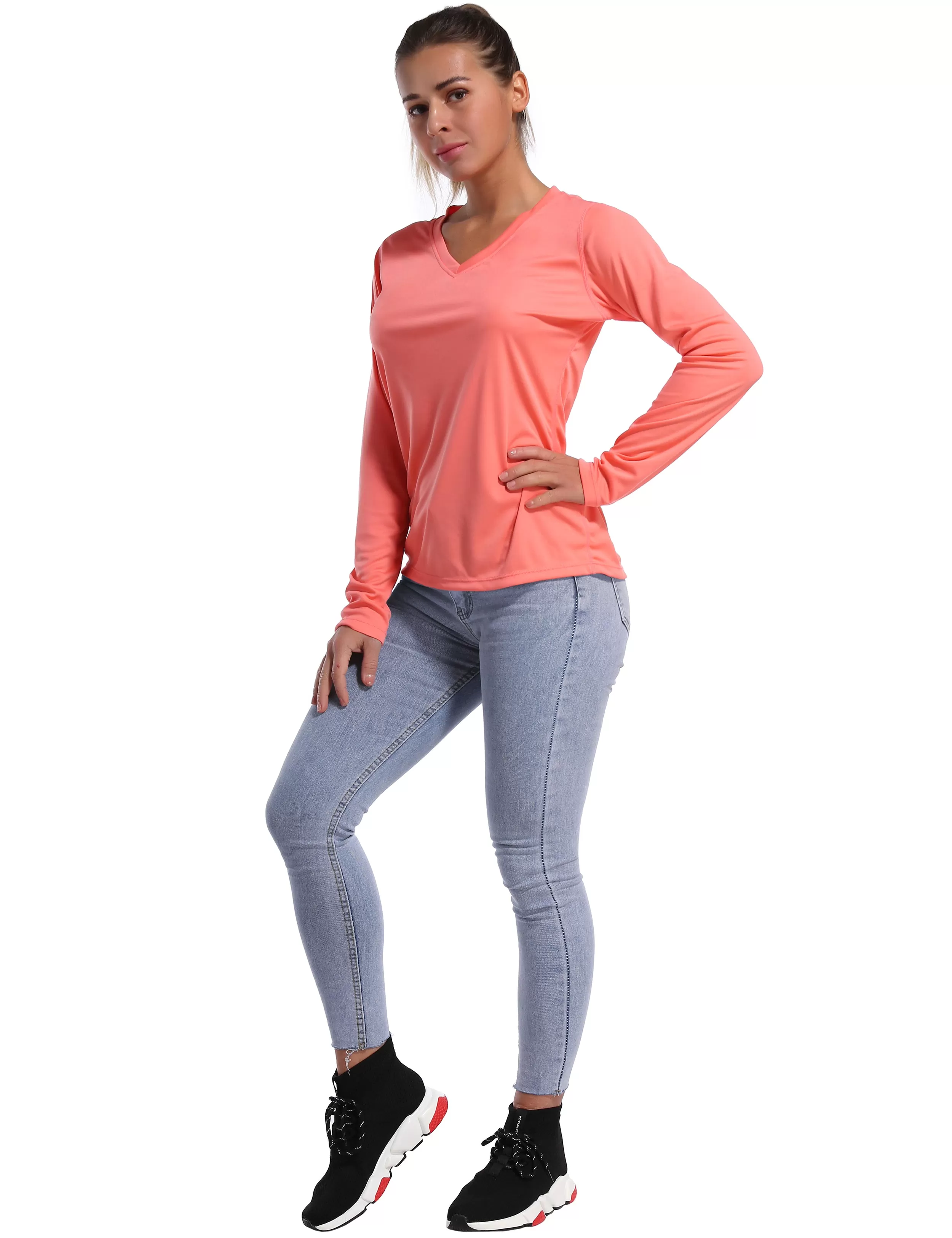 V Neck Long Sleeve Athletic Shirts coral