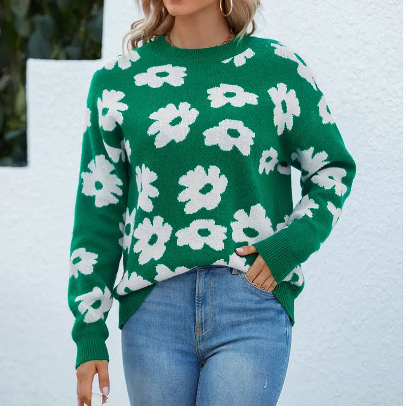 Women Sweaters Kniting Round Collar Pullover Bicolor Flowers Long Sleeve