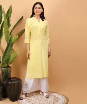 Yellow hand embroidered chikankari cotton kurti