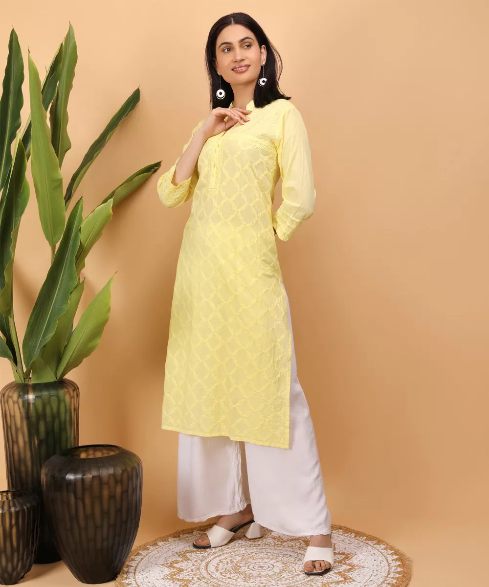 Yellow hand embroidered chikankari cotton kurti